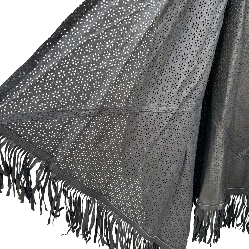 Suzanne Somers Vintage Boho Western Laser Cut Leather Fringed Poncho Wrap OS - Picture 7 of 10